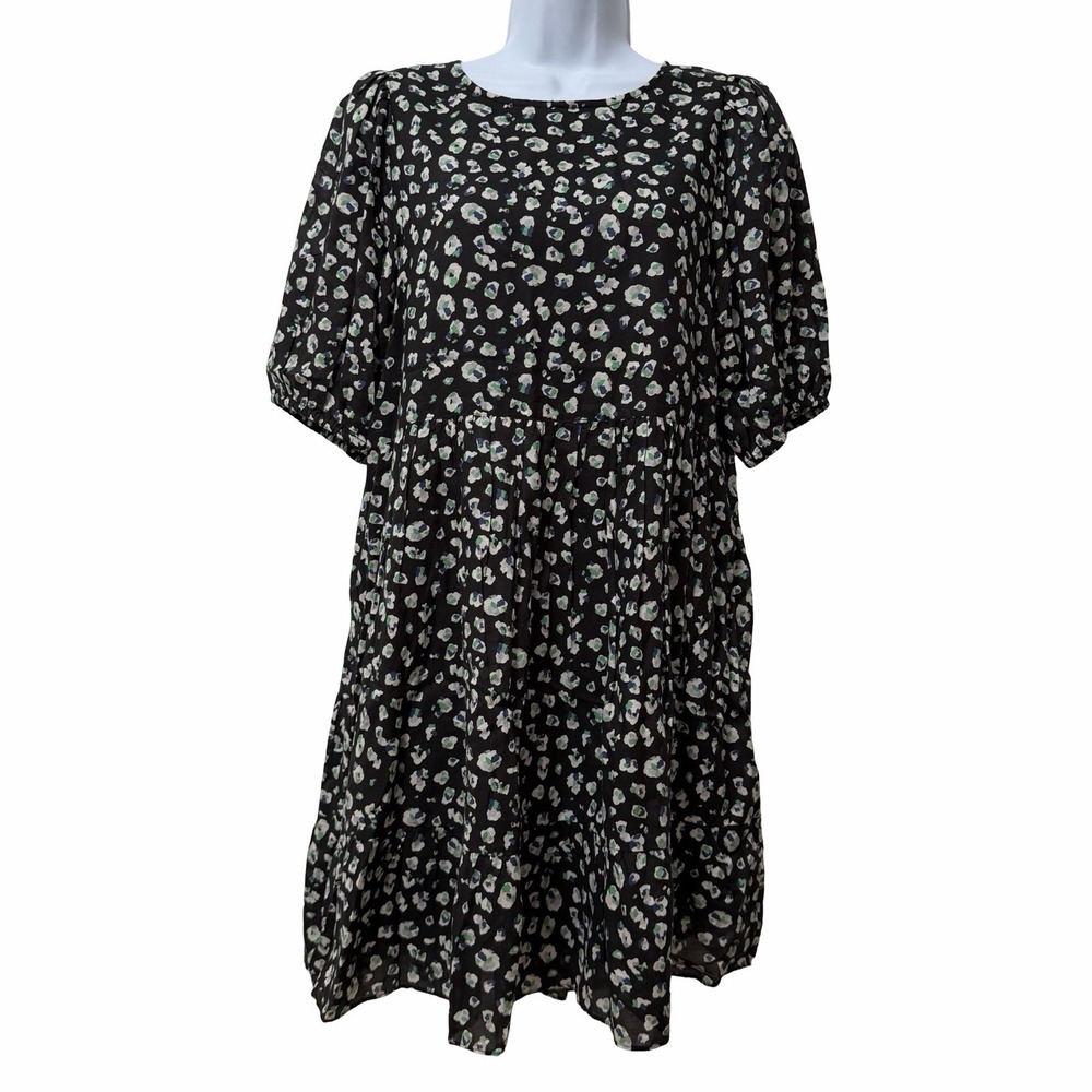 BA&SH Beth Floral Tiered Puff Sleeve Mini Dress Size M Black Dark Cottagecore‎